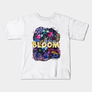 Blue watercolor and line art floral design with saying Always Bloom Kids T-Shirt